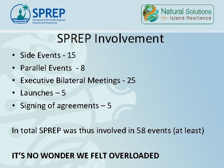 SPREP Involvement • • • Side Events - 15 Parallel Events - 8 Executive SPREP Involvement • • • Side Events - 15 Parallel Events - 8 Executive