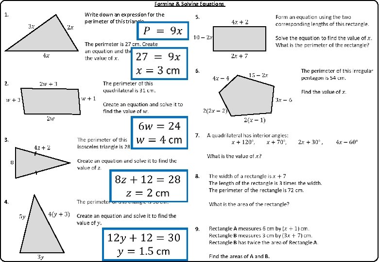 Forming & Solving Equations Write down an expression for the perimeter of this triangle.