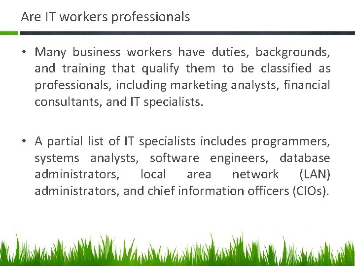 Are IT workers professionals • Many business workers have duties, backgrounds, and training that