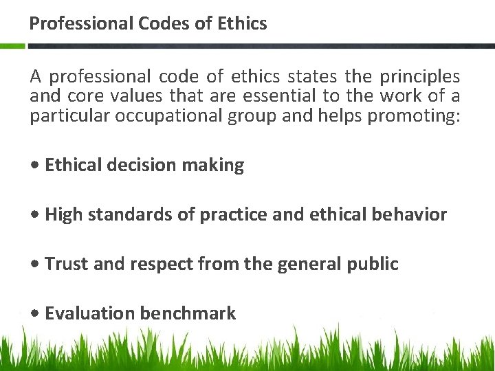 Professional Codes of Ethics A professional code of ethics states the principles and core