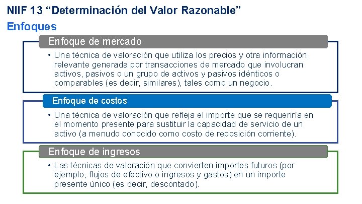 NIIF 13 “Determinación del Valor Razonable” Enfoques Enfoque de mercado • Una técnica de