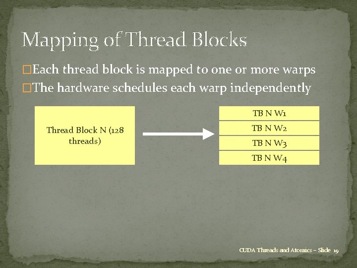 Mapping of Thread Blocks �Each thread block is mapped to one or more warps