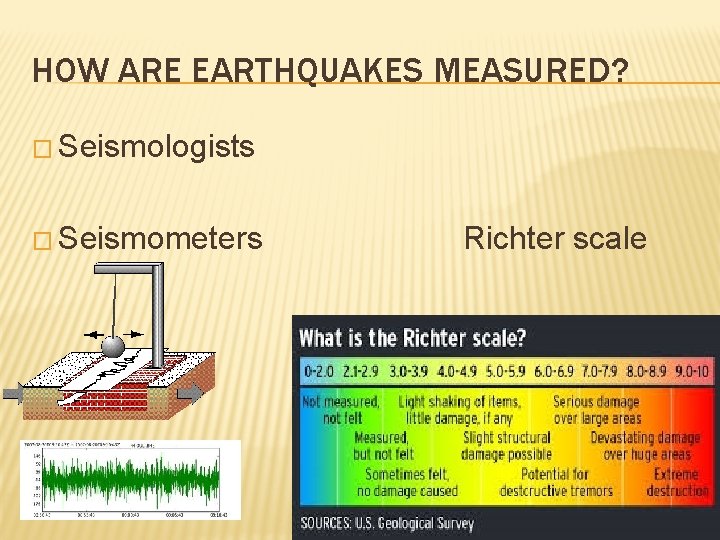 HOW ARE EARTHQUAKES MEASURED? � Seismologists � Seismometers Richter scale 