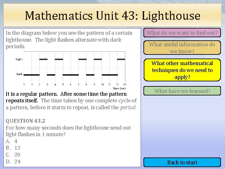 Mathematics Unit 43: Lighthouse In the diagram below you see the pattern of a