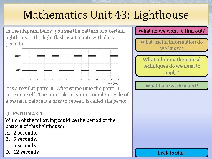Mathematics Unit 43: Lighthouse In the diagram below you see the pattern of a