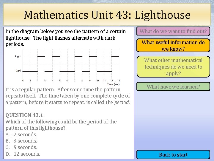 Mathematics Unit 43: Lighthouse In the diagram below you see the pattern of a