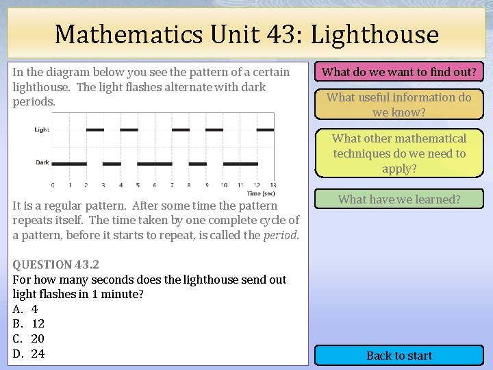 Mathematics Unit 43: Lighthouse In the diagram below you see the pattern of a