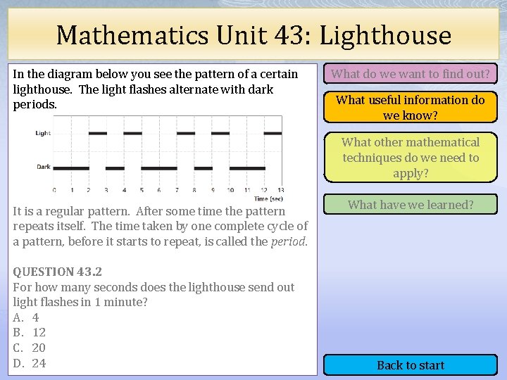 Mathematics Unit 43: Lighthouse In the diagram below you see the pattern of a