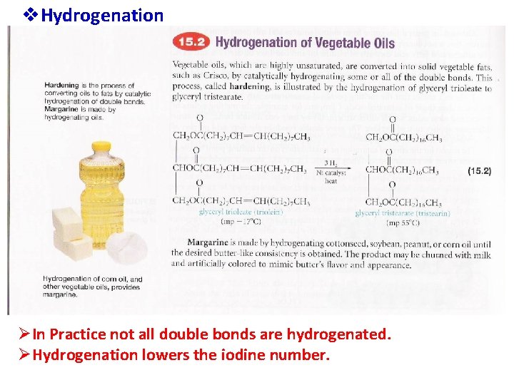 v. Hydrogenation ØIn Practice not all double bonds are hydrogenated. ØHydrogenation lowers the iodine