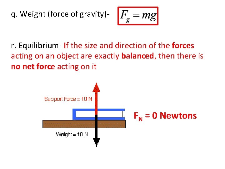 q. Weight (force of gravity) r. Equilibrium- If the size and direction of the