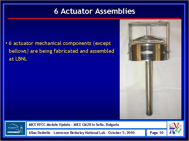 6 Actuator Assemblies • 6 actuator mechanical components (except bellows) are being fabricated and