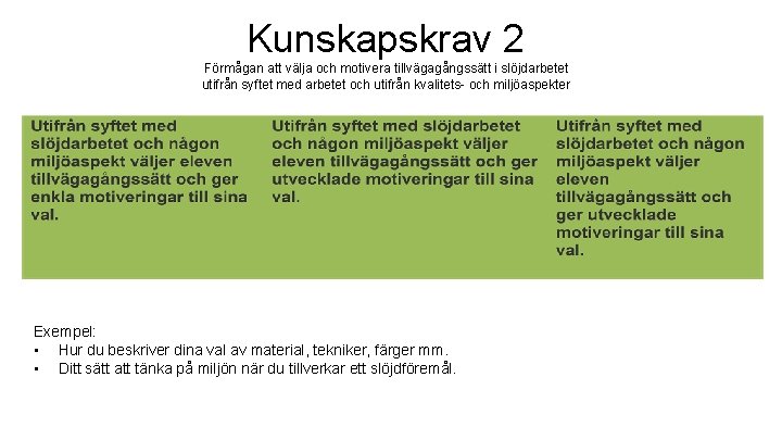 Kunskapskrav 2 Förmågan att välja och motivera tillvägagångssätt i slöjdarbetet utifrån syftet med arbetet