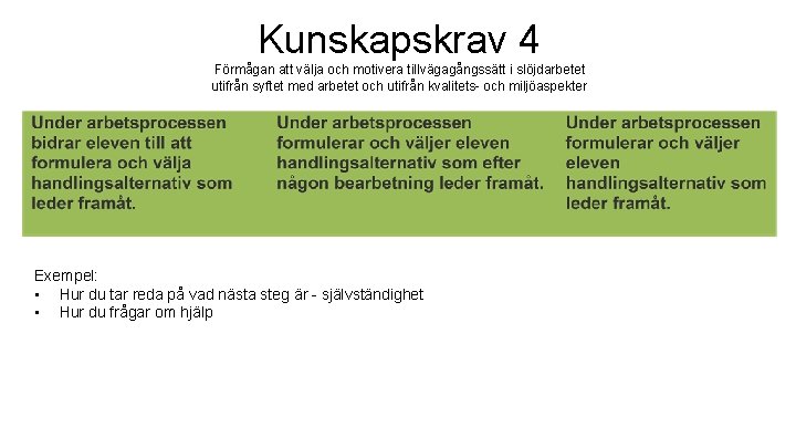 Kunskapskrav 4 Förmågan att välja och motivera tillvägagångssätt i slöjdarbetet utifrån syftet med arbetet