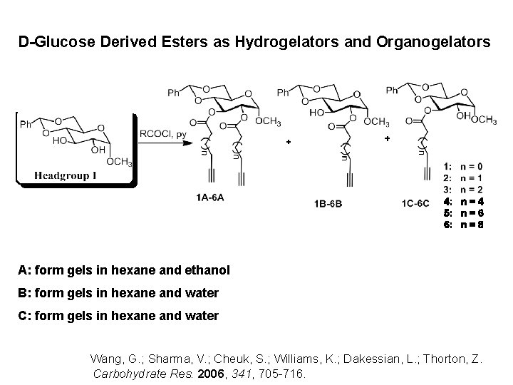 D-Glucose Derived Esters as Hydrogelators and Organogelators A: form gels in hexane and ethanol