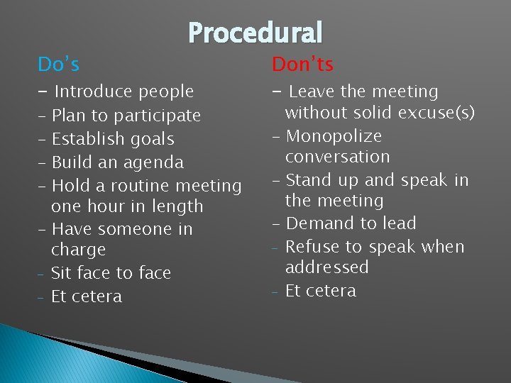 Procedural Do’s - Introduce people - Plan to participate Establish goals Build an agenda