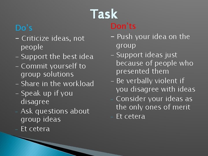 Do’s - Criticize ideas, not Task people - Support the best idea - Commit