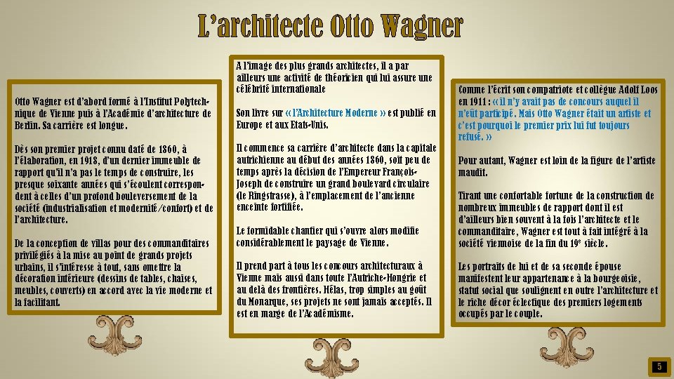 L’architecte Otto Wagner A l’image des plus grands architectes, il a par ailleurs une