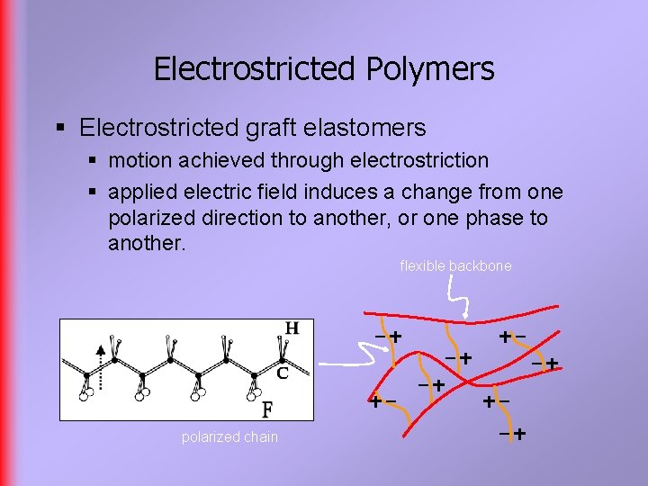 Electrostricted Polymers § Electrostricted graft elastomers § motion achieved through electrostriction § applied electric