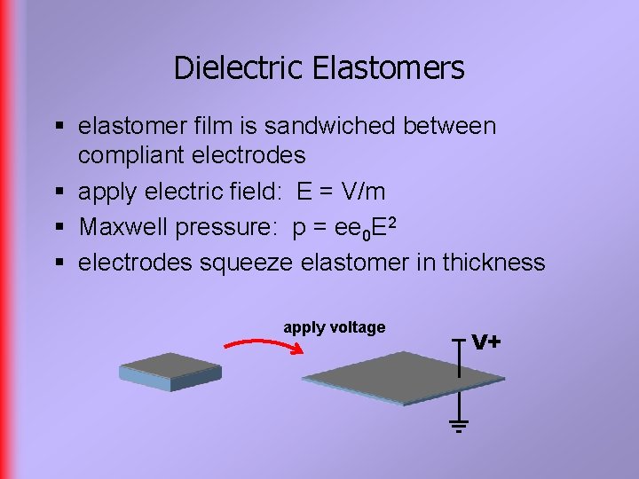 Dielectric Elastomers § elastomer film is sandwiched between compliant electrodes § apply electric field: