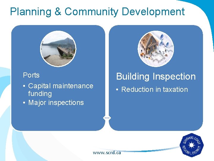 Planning & Community Development Ports Building Inspection • Capital maintenance funding • Major inspections