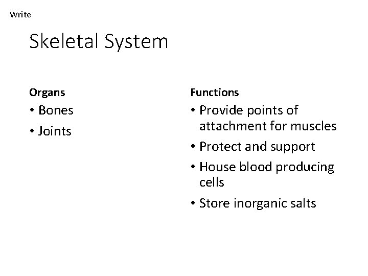 Write Skeletal System Organs Functions • Bones • Joints • Provide points of attachment