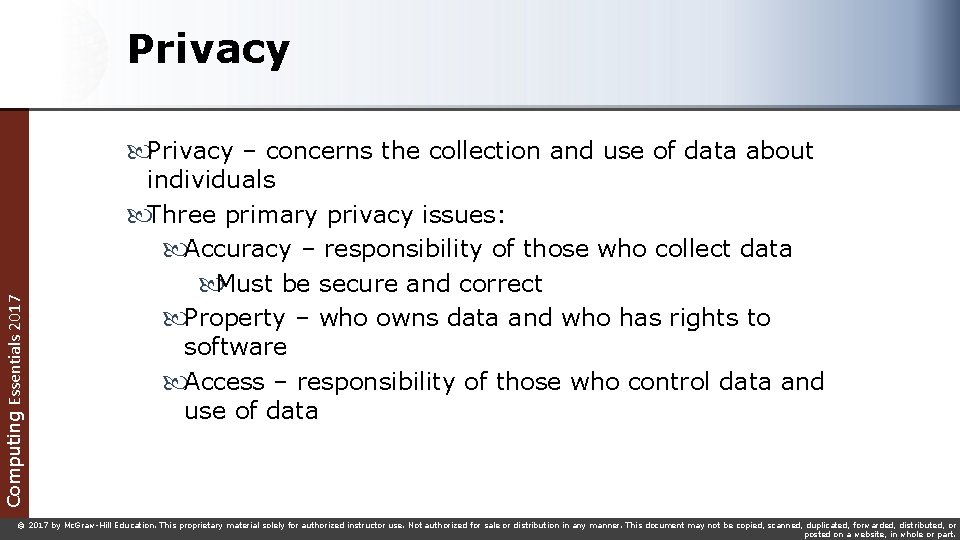 Privacy Computing Essentials 2017 Privacy – concerns the collection and use of data about