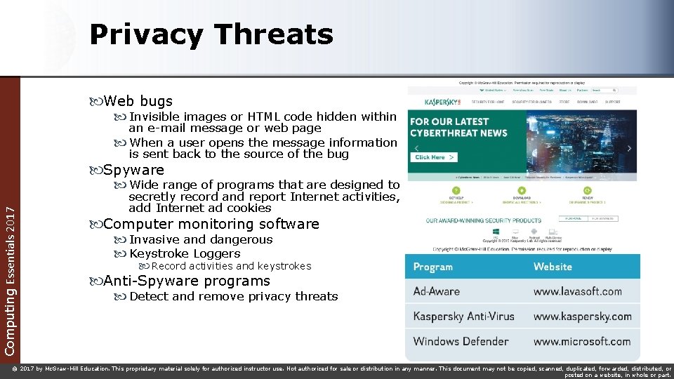 Privacy Threats Web bugs Invisible images or HTML code hidden within an e-mail message