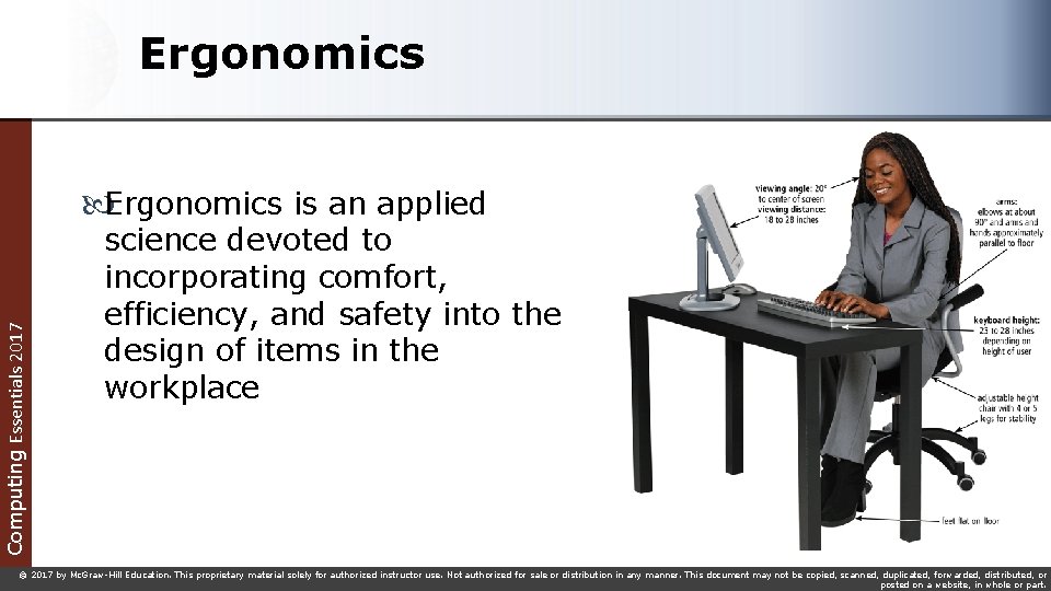 Ergonomics Computing Essentials 2017 Ergonomics is an applied science devoted to incorporating comfort, efficiency,