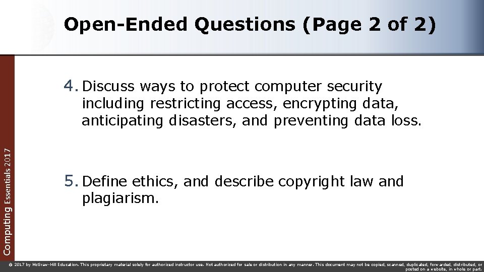 Open-Ended Questions (Page 2 of 2) 4. Discuss ways to protect computer security Computing