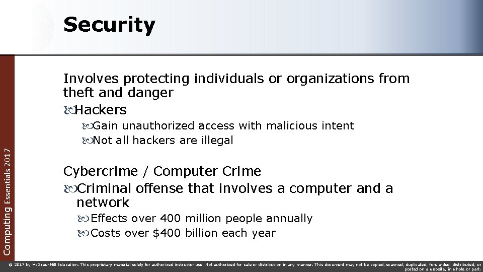 Security Computing Essentials 2017 Involves protecting individuals or organizations from theft and danger Hackers