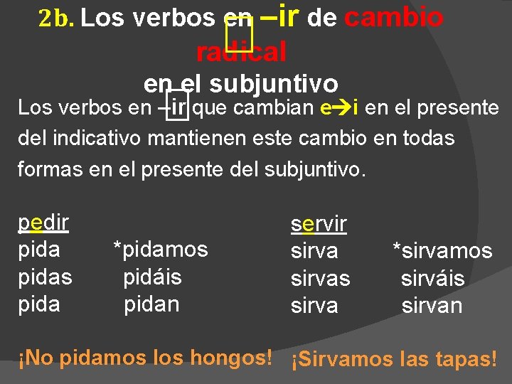 2 b. Los verbos en –ir de cambio radical en el subjuntivo Los verbos 2 b. Los verbos en –ir de cambio radical en el subjuntivo Los verbos