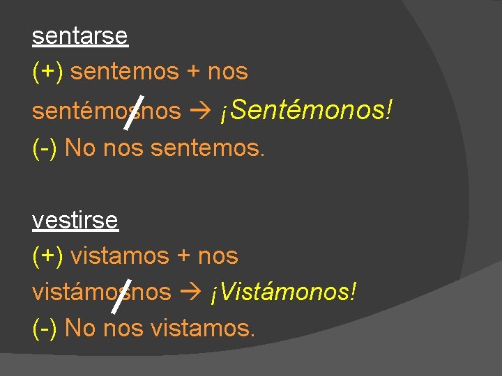 sentarse (+) sentemos + nos sentémosnos ¡Sentémonos! (-) No nos sentemos. vestirse (+) vistamos sentarse (+) sentemos + nos sentémosnos ¡Sentémonos! (-) No nos sentemos. vestirse (+) vistamos