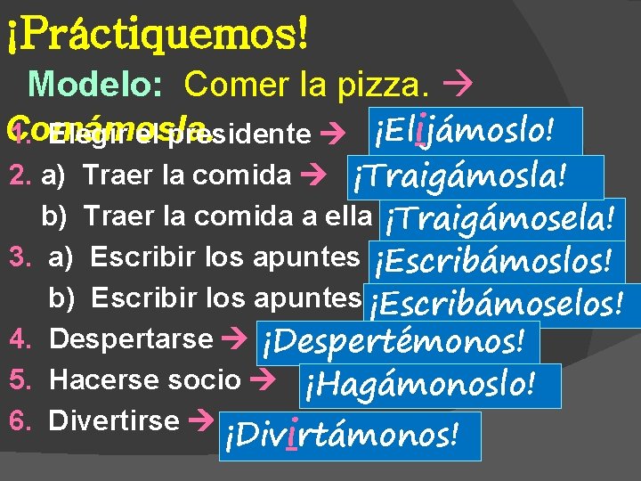 ¡Práctiquemos! Modelo: Comer la pizza. Comámosla. 1. Elegir el presidente ¡Elijámoslo! 2. a) Traer ¡Práctiquemos! Modelo: Comer la pizza. Comámosla. 1. Elegir el presidente ¡Elijámoslo! 2. a) Traer