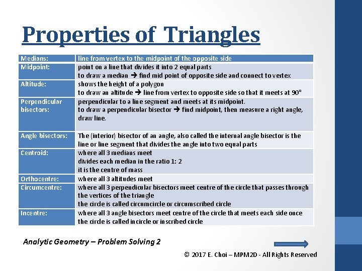 Properties of Triangles Medians: Midpoint: Altitude: Perpendicular bisectors: Angle bisectors: Centroid: Orthocentre: Circumcentre: Incentre: