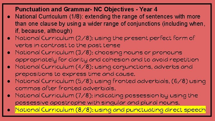 ● ● ● ● Punctuation and Grammar- NC Objectives - Year 4 National Curriculum