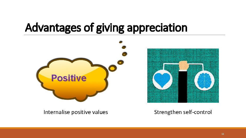 Advantages of giving appreciation Positive Internalise positive values Strengthen self-control 11 