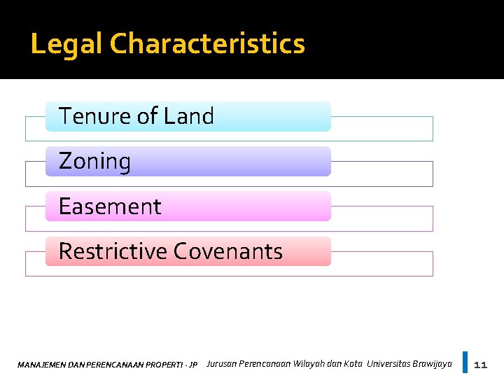 Legal Characteristics Tenure of Land Zoning Easement Restrictive Covenants MANAJEMEN DAN PERENCANAAN PROPERTI -