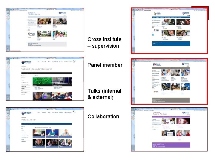 Cross institute – supervision Panel member Talks (internal & external) Collaboration Cross institute – supervision Panel member Talks (internal & external) Collaboration