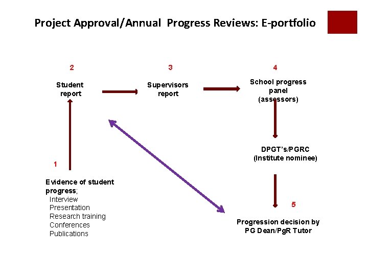 Project Approval/Annual Progress Reviews: E-portfolio 2 Student report 1 Evidence of student progress; Interview Project Approval/Annual Progress Reviews: E-portfolio 2 Student report 1 Evidence of student progress; Interview