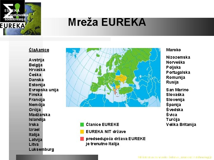 EUREKA pospeševalka sodelovanja Mreža EUREKA Čla. Aanice Avstrija Belgija Hrvaška Češka Danska Estonija Evropska