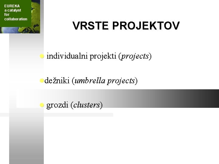 EUREKA a catalyst for collaboration VRSTE PROJEKTOV l individualni projekti (projects) ldežniki (umbrella projects)