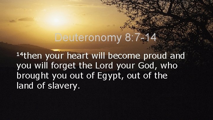 Deuteronomy 8: 7 -14 14 then your heart will become proud and you will