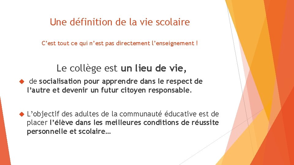 Une définition de la vie scolaire C’est tout ce qui n’est pas directement l’enseignement