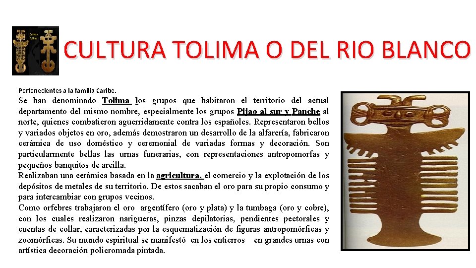 CULTURA TOLIMA O DEL RIO BLANCO Pertenecientes a la familia Caribe. Se han denominado CULTURA TOLIMA O DEL RIO BLANCO Pertenecientes a la familia Caribe. Se han denominado