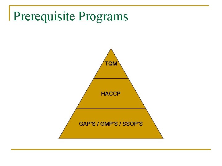 Prerequisite Programs TQM HACCP GAP’S / GMP’S / SSOP’S 