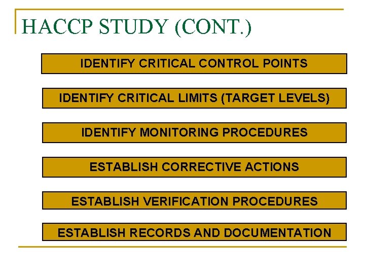 HACCP STUDY (CONT. ) IDENTIFY CRITICAL CONTROL POINTS IDENTIFY CRITICAL LIMITS (TARGET LEVELS) IDENTIFY