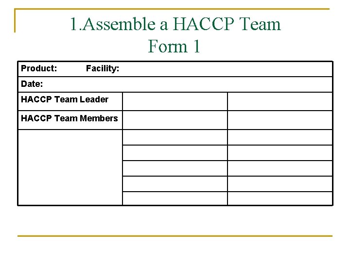 1. Assemble a HACCP Team Form 1 Product: Facility: Date: HACCP Team Leader HACCP
