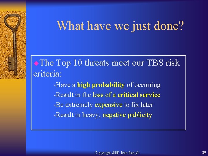 What have we just done? u. The Top 10 threats meet our TBS risk