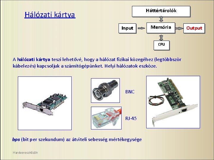 Háttértárolók Hálózati kártya Input Memória CPU A hálózati kártya teszi lehetővé, hogy a hálózat