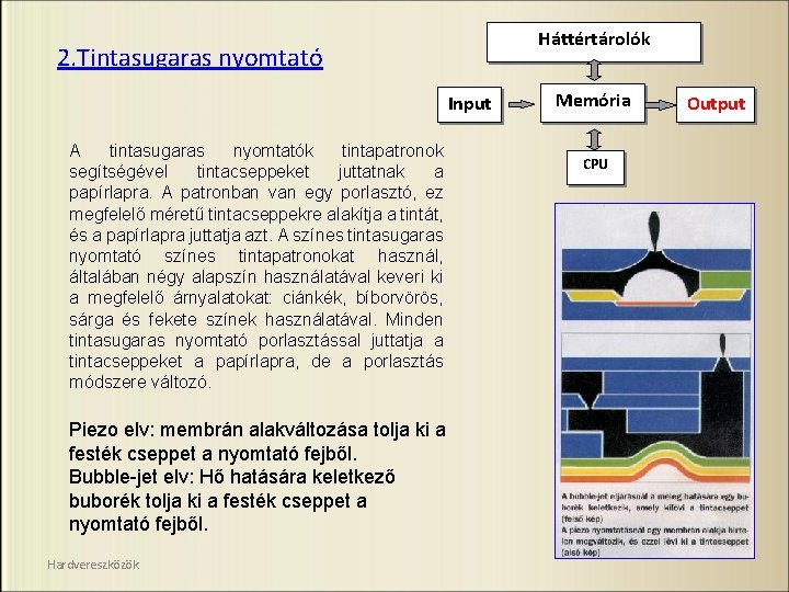 Háttértárolók 2. Tintasugaras nyomtató Input A tintasugaras nyomtatók tintapatronok segítségével tintacseppeket juttatnak a papírlapra.